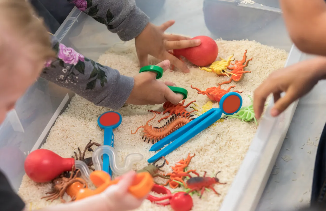 Anak-anak mengikuti aktivitas sensory play di kelas Sensory Toddler Bali dengan bermain beras, serangga mainan, dan alat penjepit